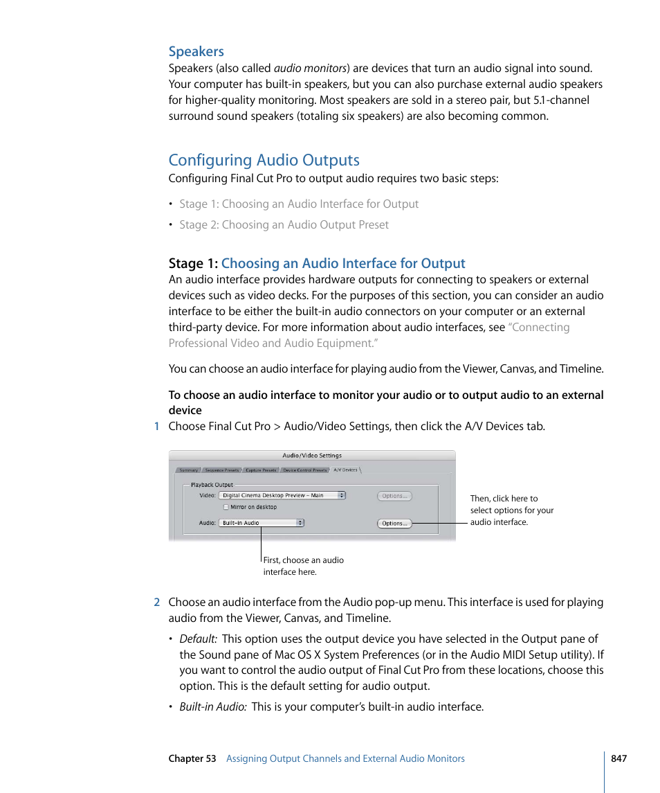 Speakers, Configuring audio outputs, Stage 1: choosing an audio interface for output | Apple Final Cut Pro 7 User Manual | Page 847 / 1990