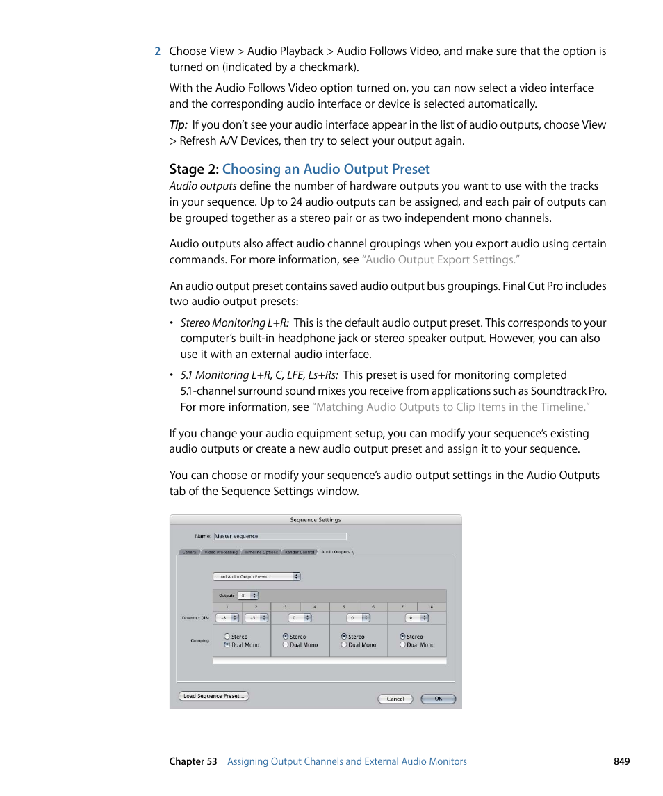 Stage 2: choosing an audio output preset | Apple Final Cut Pro 7 User Manual | Page 849 / 1990