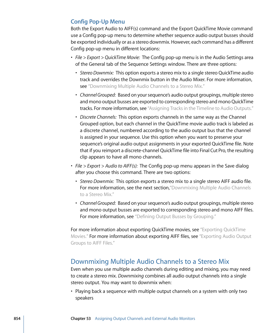 Config pop-up menu, Downmixing multiple audio channels to a stereo mix, Downmixing multiple audio channels | To a stereo mix | Apple Final Cut Pro 7 User Manual | Page 854 / 1990