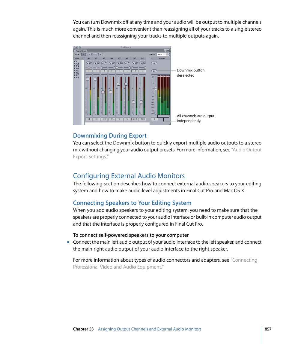 Downmixing during export, Configuring external audio monitors, Connecting speakers to your editing system | Apple Final Cut Pro 7 User Manual | Page 857 / 1990