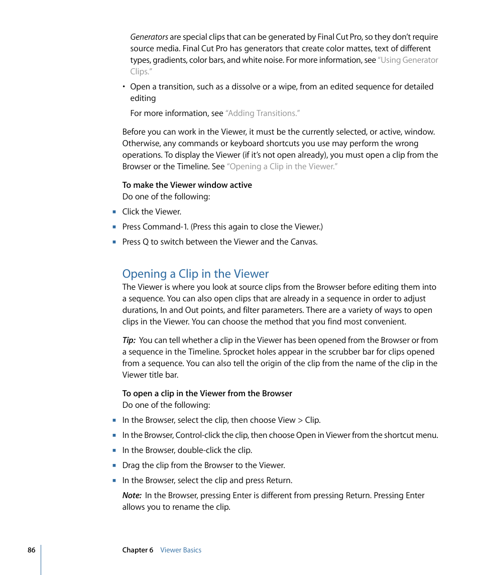 Opening a clip in the viewer | Apple Final Cut Pro 7 User Manual | Page 86 / 1990
