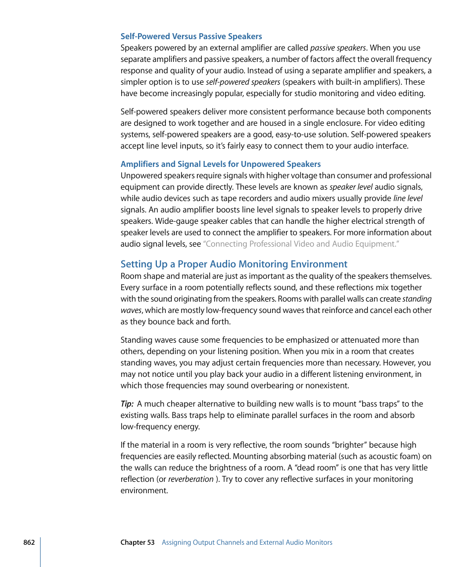 Self-powered versus passive speakers, Setting up a proper audio monitoring environment | Apple Final Cut Pro 7 User Manual | Page 862 / 1990