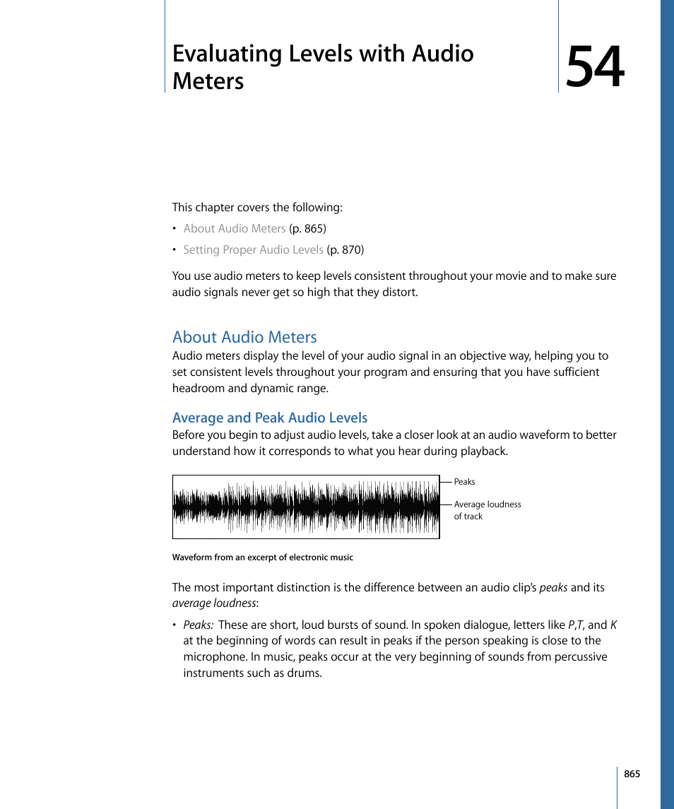 Evaluating levels with audio meters, About audio meters, Average and peak audio levels | Evaluating, Levels with audio meters | Apple Final Cut Pro 7 User Manual | Page 865 / 1990