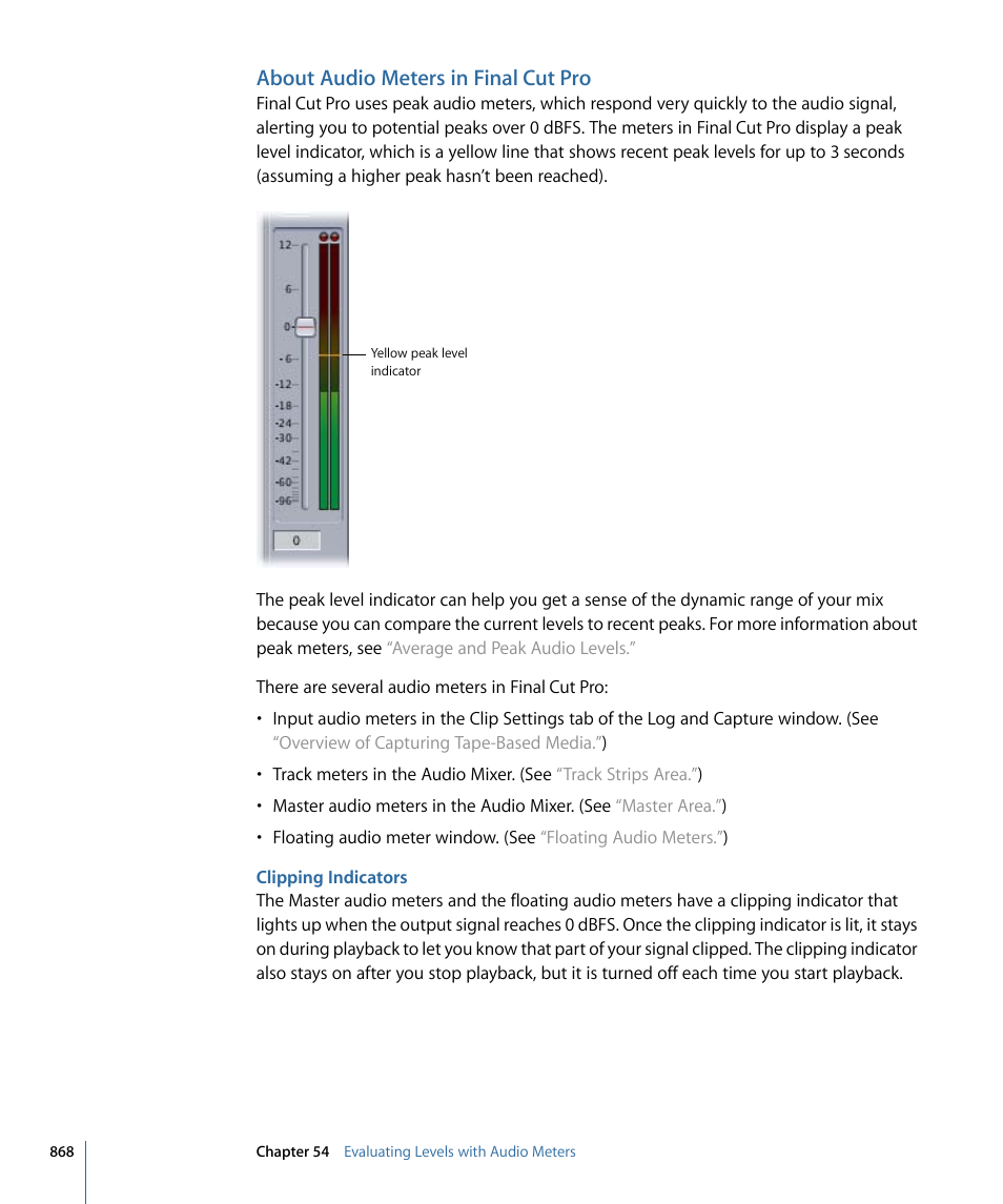 About audio meters in final cut pro, Clipping indicators | Apple Final Cut Pro 7 User Manual | Page 868 / 1990