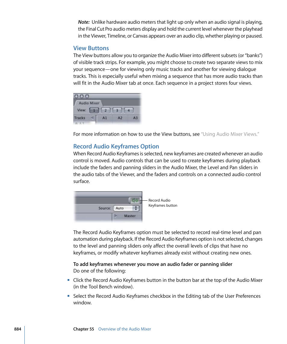 View buttons, Record audio keyframes option | Apple Final Cut Pro 7 User Manual | Page 884 / 1990