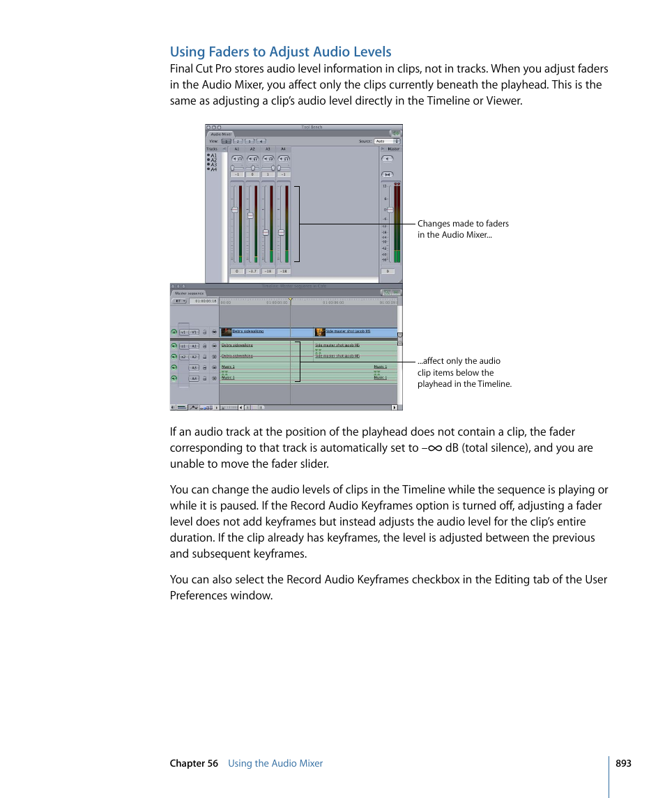 Using faders to adjust audio levels | Apple Final Cut Pro 7 User Manual | Page 893 / 1990