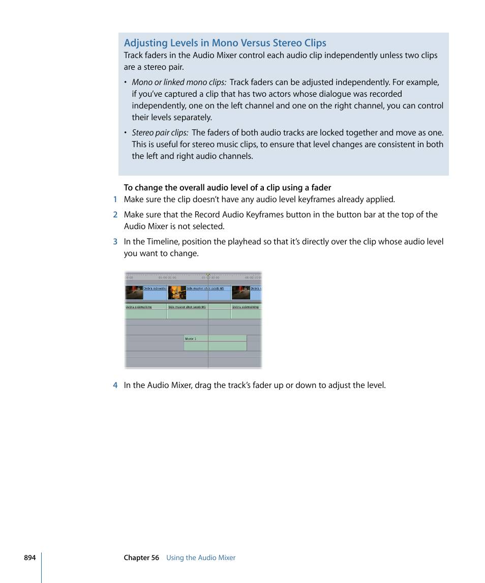 Adjusting levels in mono versus stereo clips | Apple Final Cut Pro 7 User Manual | Page 894 / 1990