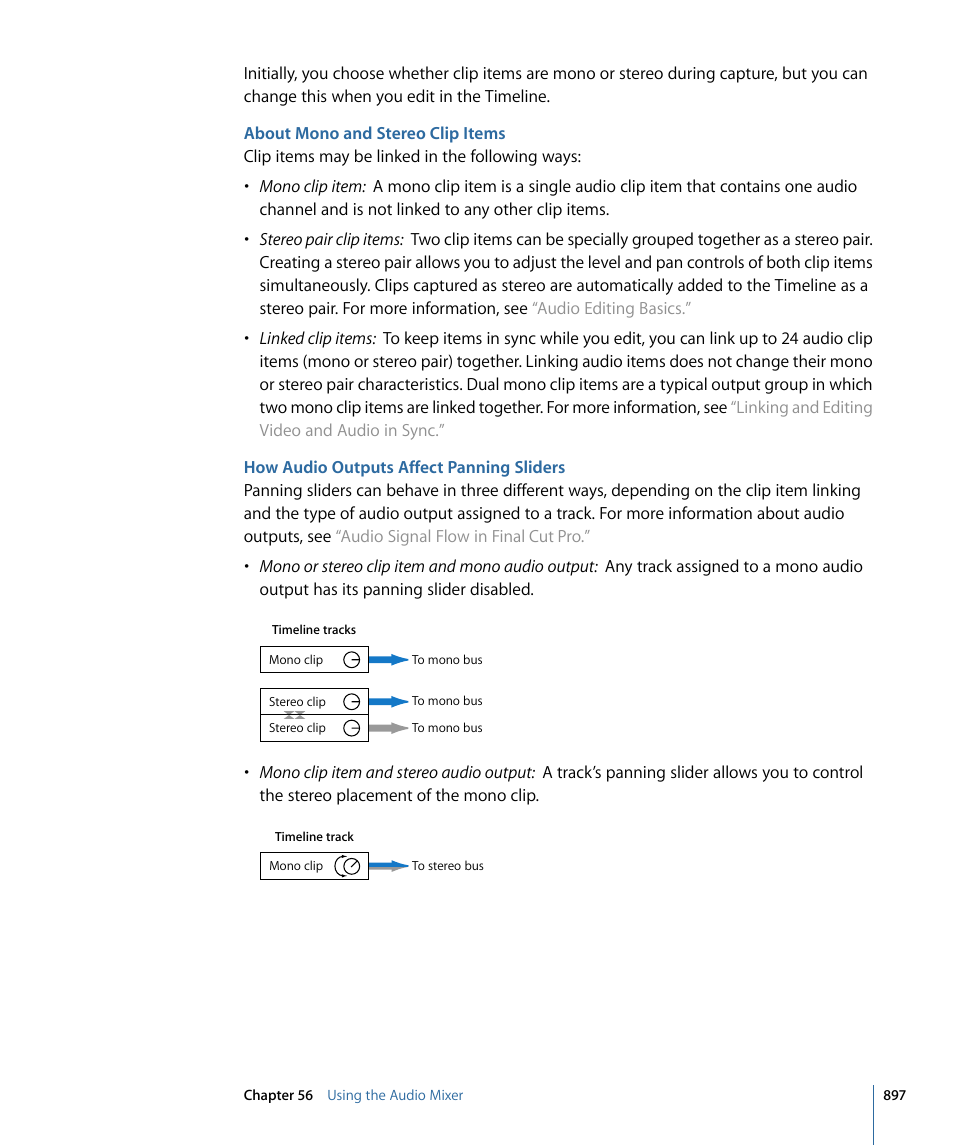 About mono and stereo clip items, How audio outputs affect panning sliders | Apple Final Cut Pro 7 User Manual | Page 897 / 1990