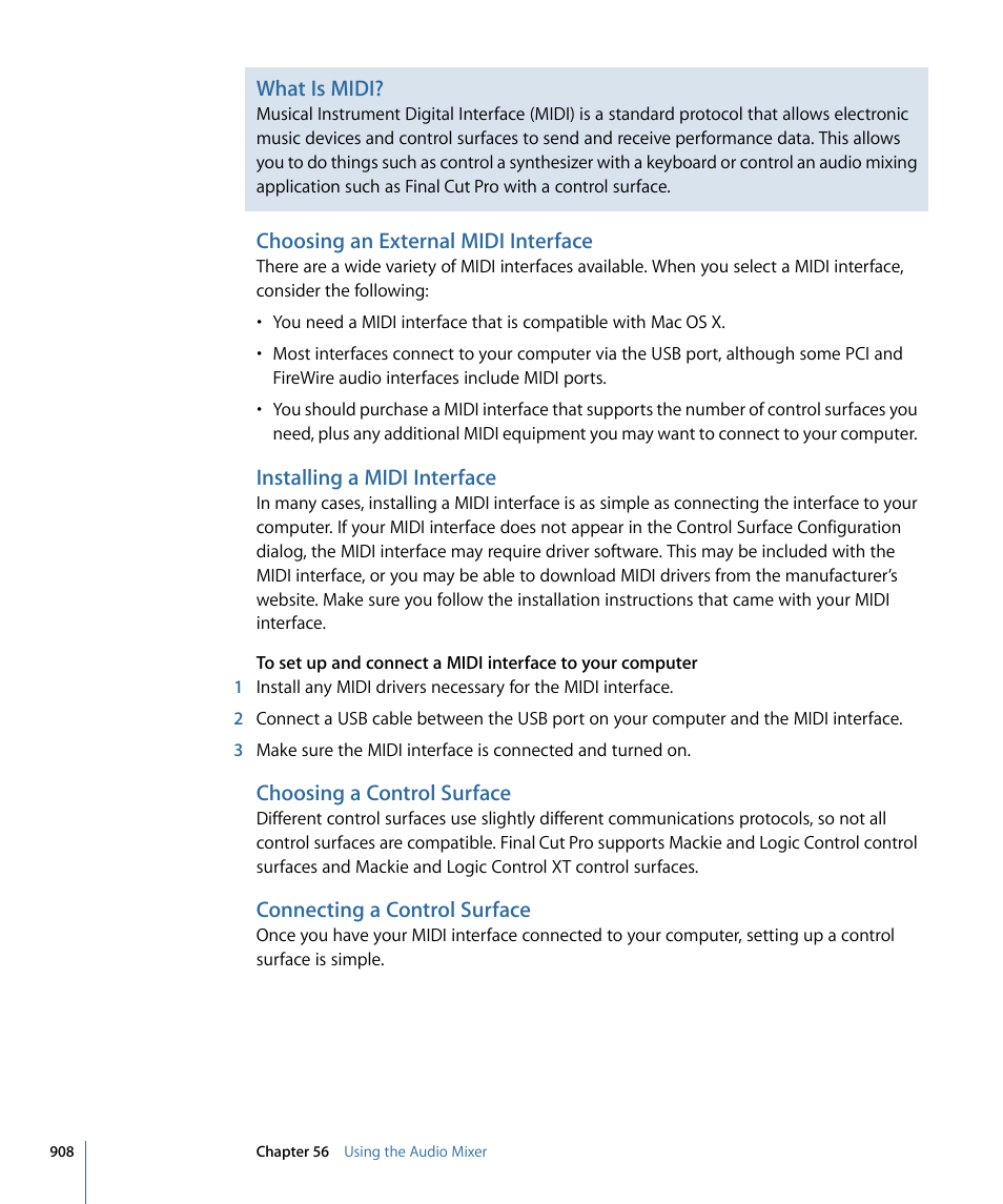 Choosing an external midi interface, Installing a midi interface, Choosing a control surface | Connecting a control surface | Apple Final Cut Pro 7 User Manual | Page 908 / 1990