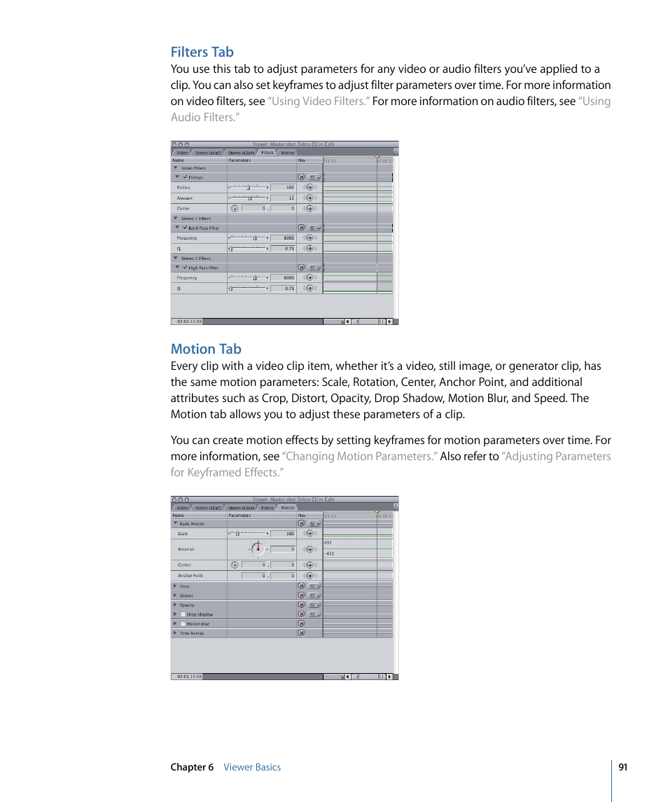 Filters tab, Motion tab | Apple Final Cut Pro 7 User Manual | Page 91 / 1990