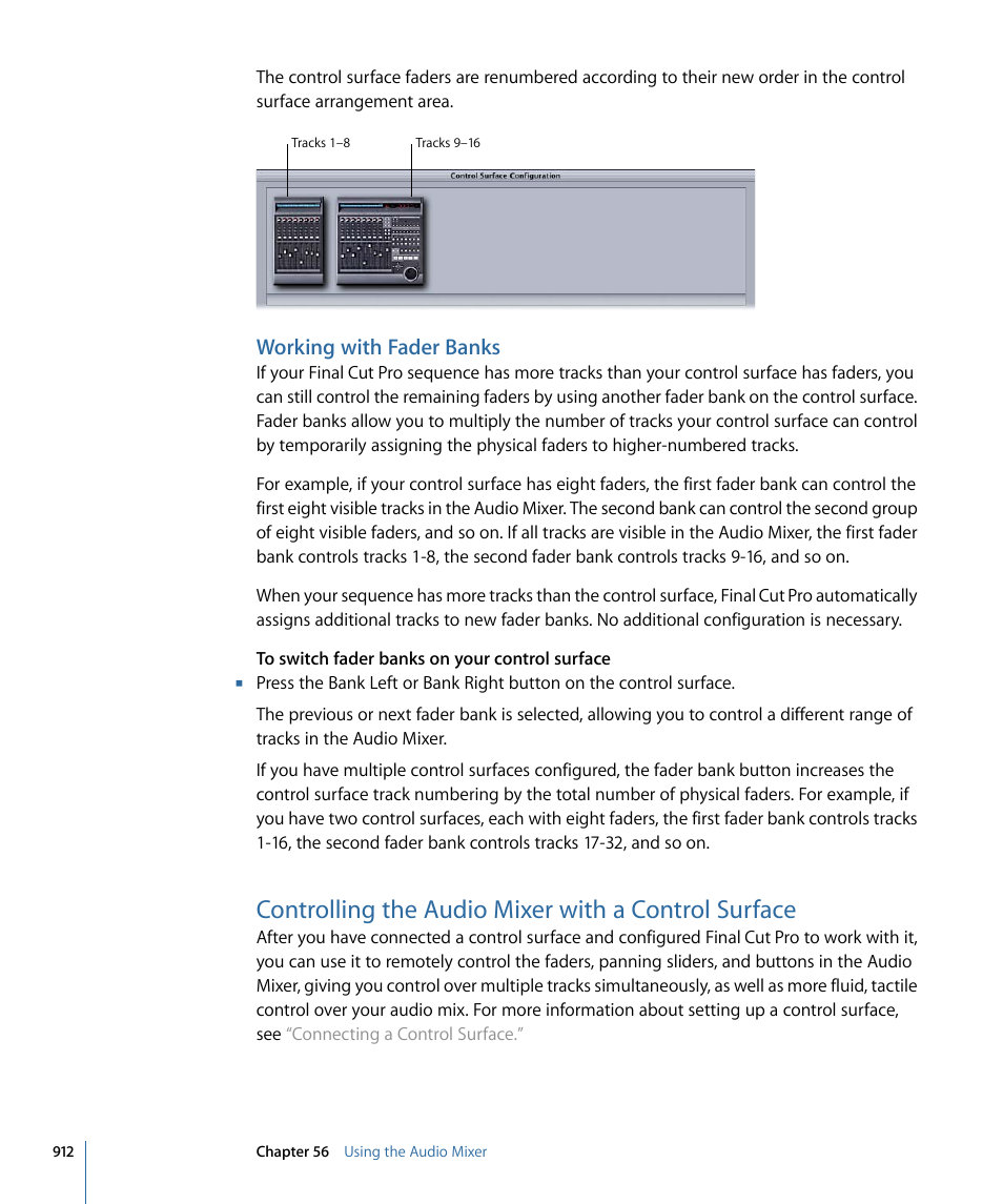 Working with fader banks, Controlling the audio mixer with a control surface | Apple Final Cut Pro 7 User Manual | Page 912 / 1990