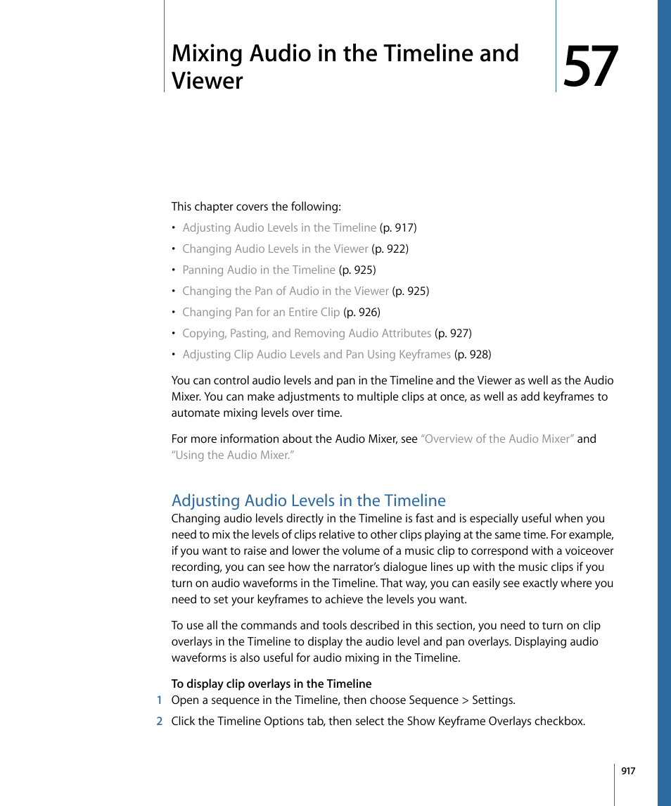 Mixing audio in the timeline and viewer, Adjusting audio levels in the timeline | Apple Final Cut Pro 7 User Manual | Page 917 / 1990