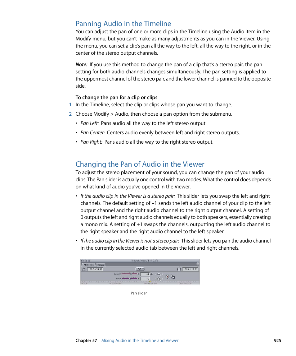 Panning audio in the timeline, Changing the pan of audio in the viewer | Apple Final Cut Pro 7 User Manual | Page 925 / 1990