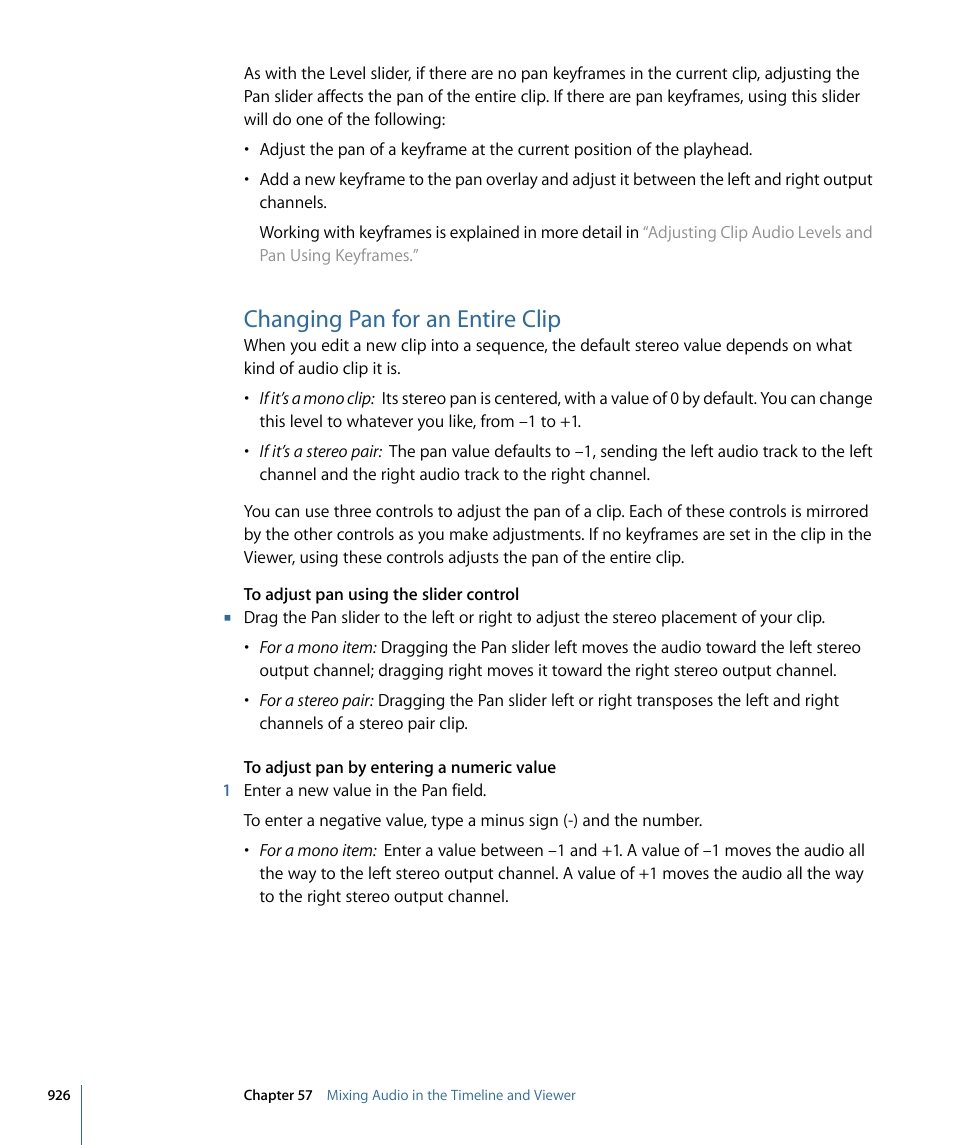 Changing pan for an entire clip | Apple Final Cut Pro 7 User Manual | Page 926 / 1990