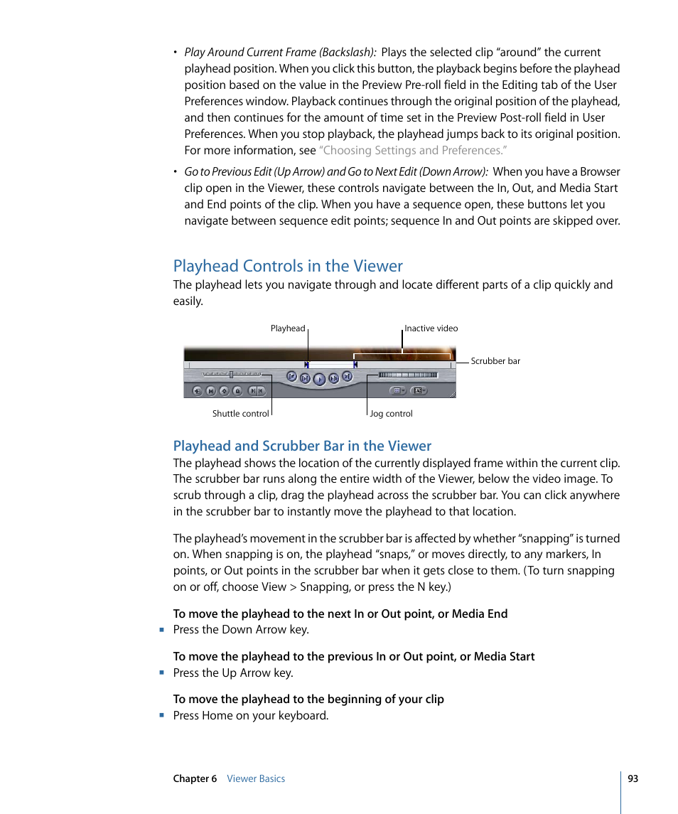 Playhead controls in the viewer, Playhead and scrubber bar in the viewer | Apple Final Cut Pro 7 User Manual | Page 93 / 1990
