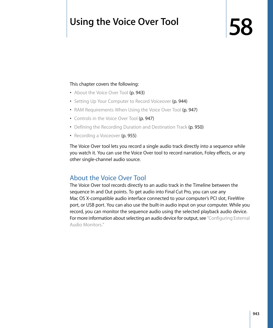 Using the voice over tool, About the voice over tool | Apple Final Cut Pro 7 User Manual | Page 943 / 1990