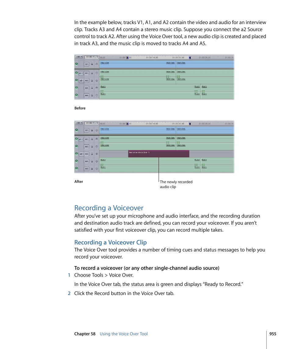 Recording a voiceover, Recording a voiceover clip | Apple Final Cut Pro 7 User Manual | Page 955 / 1990