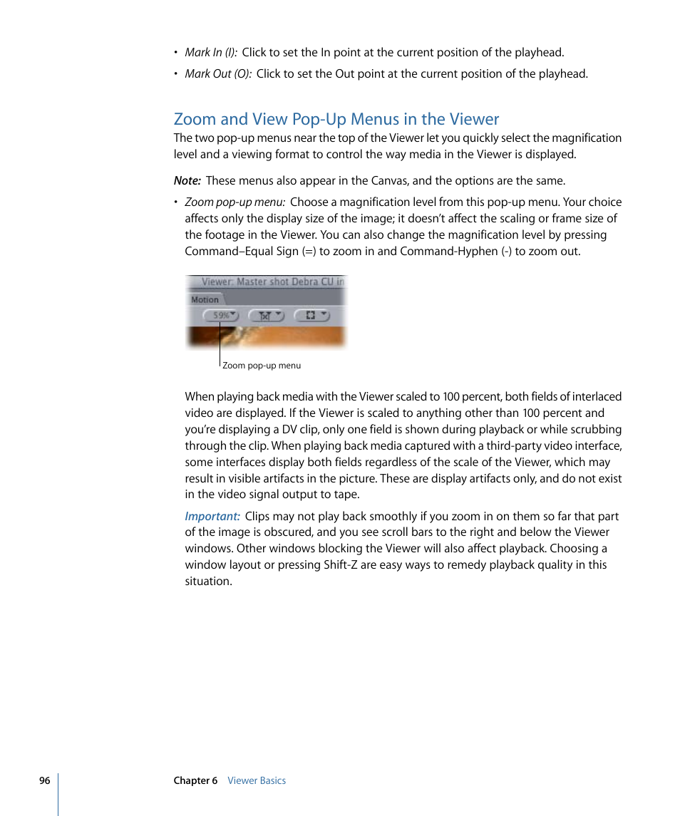 Zoom and view pop-up menus in the viewer | Apple Final Cut Pro 7 User Manual | Page 96 / 1990