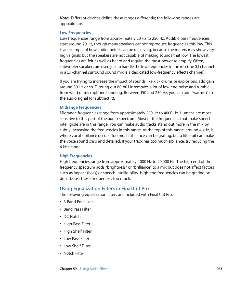 Low frequencies, Midrange frequencies, High frequencies | Using equalization filters in final cut pro | Apple Final Cut Pro 7 User Manual | Page 963 / 1990