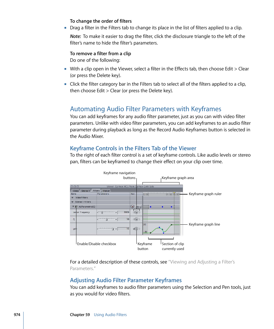 Automating audio filter parameters with keyframes, Keyframe controls in the filters tab of the viewer, Adjusting audio filter parameter keyframes | Apple Final Cut Pro 7 User Manual | Page 974 / 1990