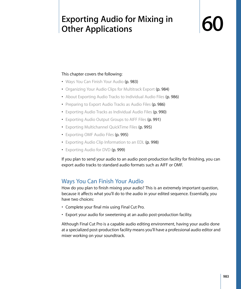 Exporting audio for mixing in other applications, Ways you can finish your audio, Exporting audio for mixing in other | Applications | Apple Final Cut Pro 7 User Manual | Page 983 / 1990