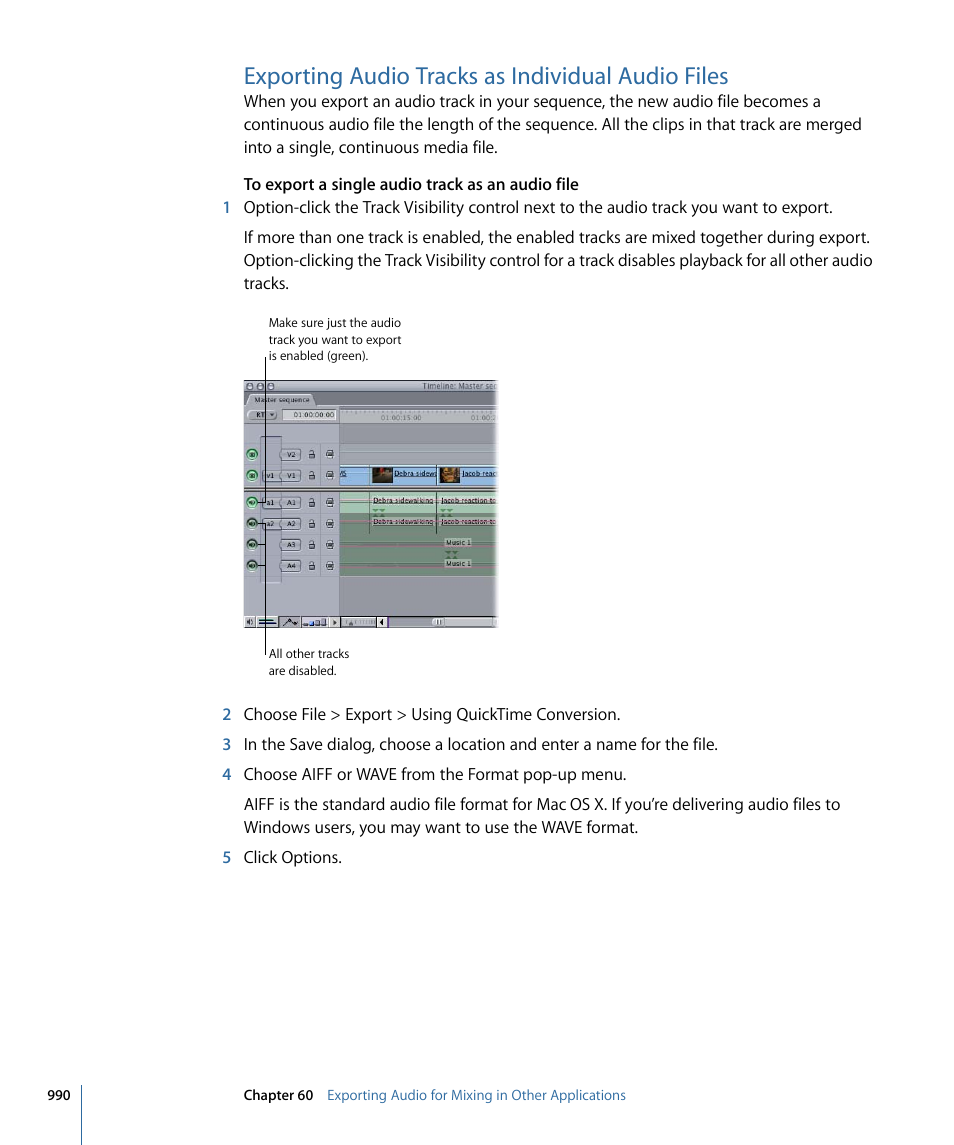 Exporting audio tracks as individual audio files | Apple Final Cut Pro 7 User Manual | Page 990 / 1990