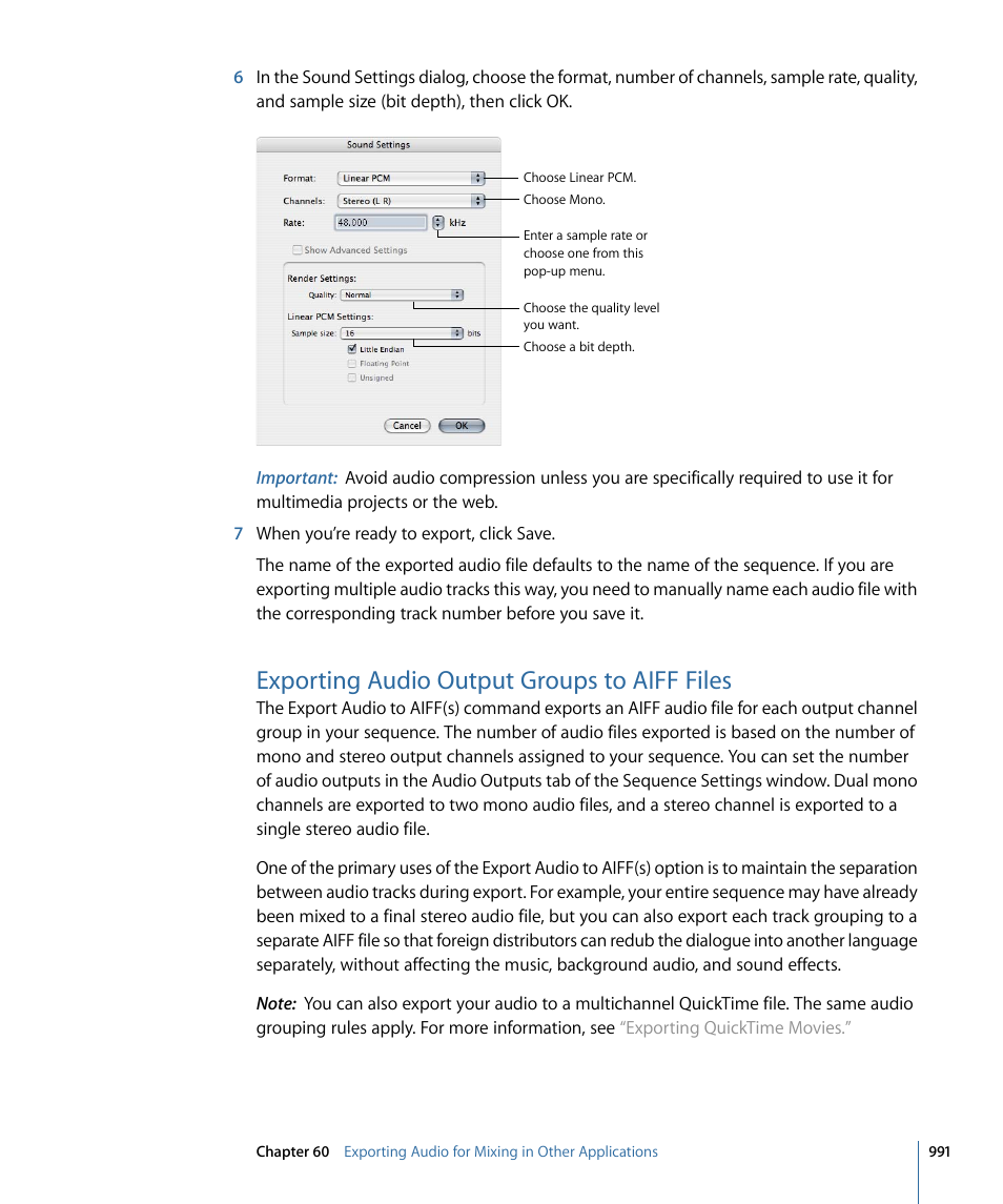 Exporting audio output groups to aiff files, Exporting audio output, Groups to aiff files | Apple Final Cut Pro 7 User Manual | Page 991 / 1990