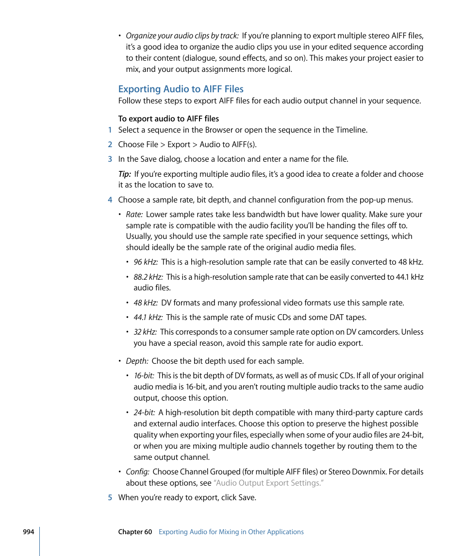 Exporting audio to aiff files, Exporting, Audio to aiff files | Apple Final Cut Pro 7 User Manual | Page 994 / 1990