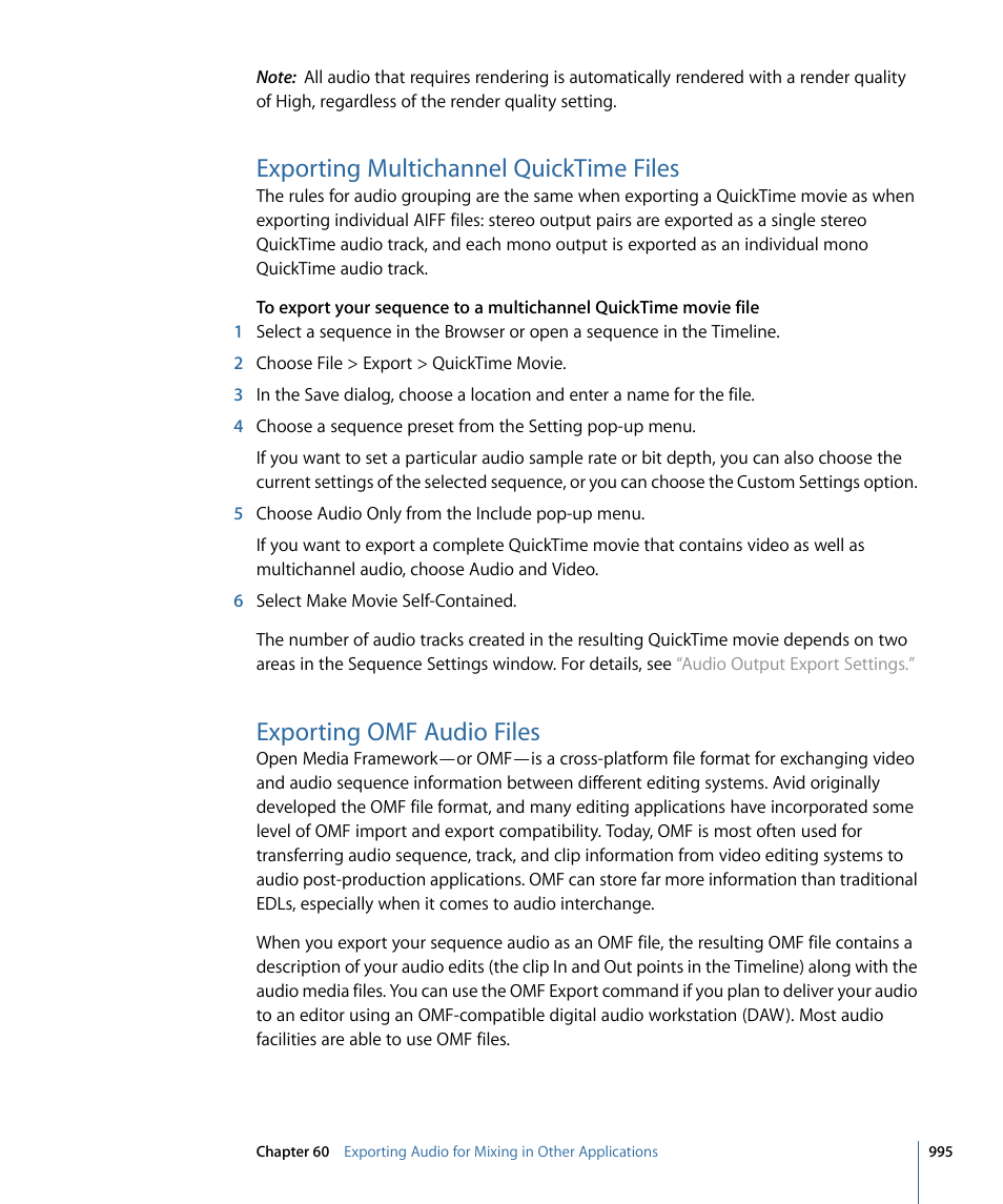 Exporting multichannel quicktime files, Exporting omf audio files | Apple Final Cut Pro 7 User Manual | Page 995 / 1990
