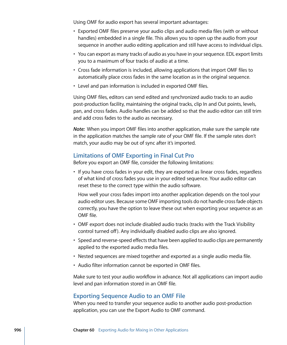 Limitations of omf exporting in final cut pro, Exporting sequence audio to an omf file | Apple Final Cut Pro 7 User Manual | Page 996 / 1990