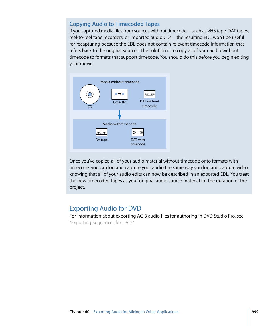 Exporting audio for dvd, Copying audio to timecoded tapes | Apple Final Cut Pro 7 User Manual | Page 999 / 1990