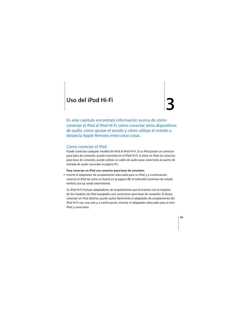 Capítulo: 3 “uso del ipod hi-fi, 89 “cómo conectar el ipod, Uso del ipod hi-fi | Apple iPod Hi-Fi User Manual | Page 89 / 104