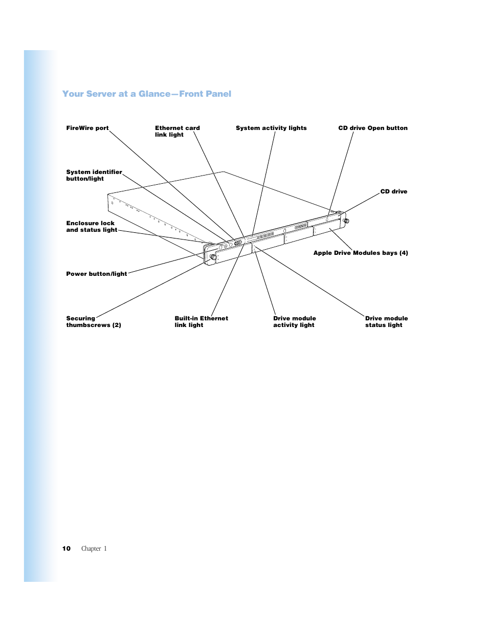 Your server at a glance—front panel | Apple Xserve (Original) User Manual | Page 10 / 78