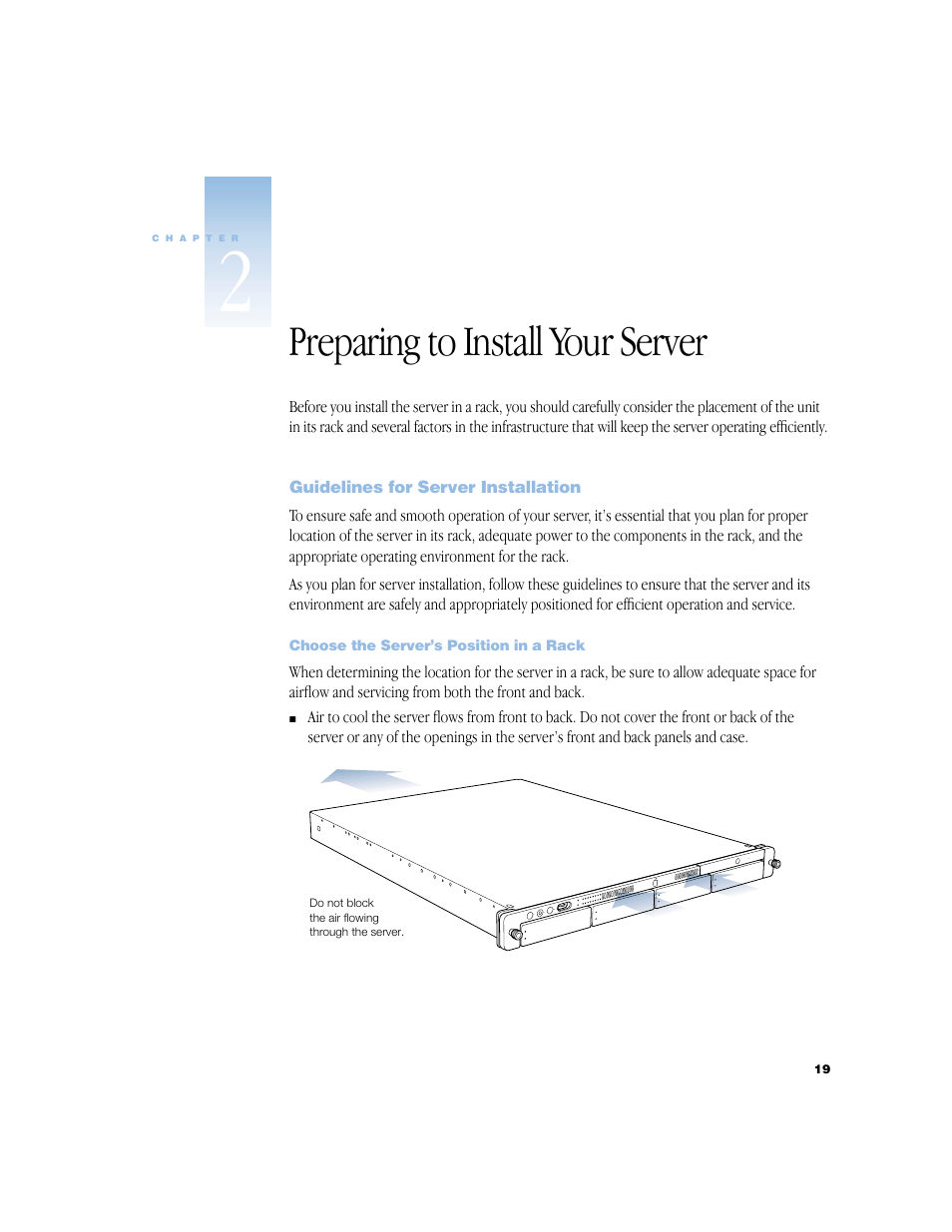 Preparing to install your server, Guidelines for server installation, Choose the server’s position in a rack | Apple Xserve (Original) User Manual | Page 19 / 78