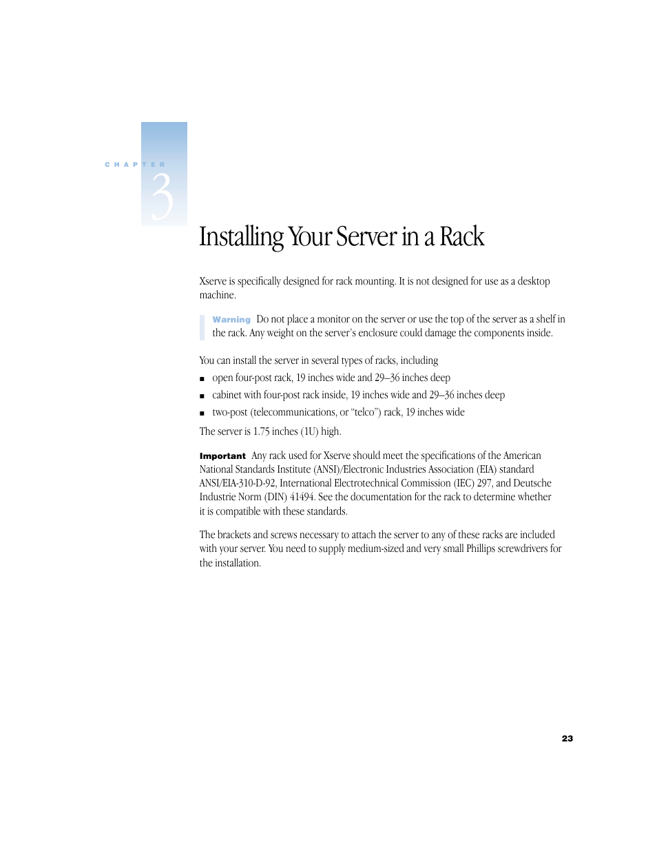 Installing your server in a rack | Apple Xserve (Original) User Manual | Page 23 / 78