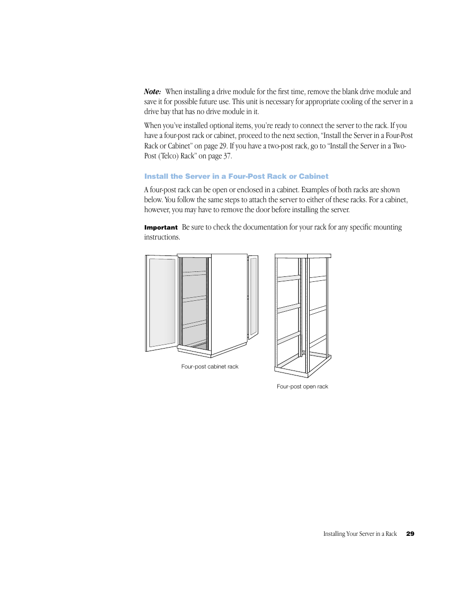 Install the server in a four-post rack or cabinet | Apple Xserve (Original) User Manual | Page 29 / 78