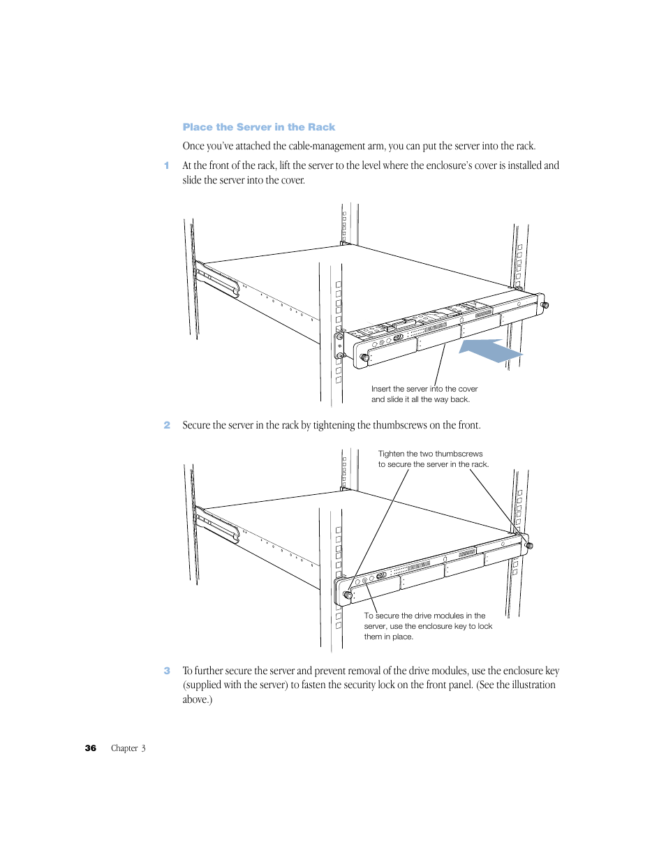 Place the server in the rack | Apple Xserve (Original) User Manual | Page 36 / 78