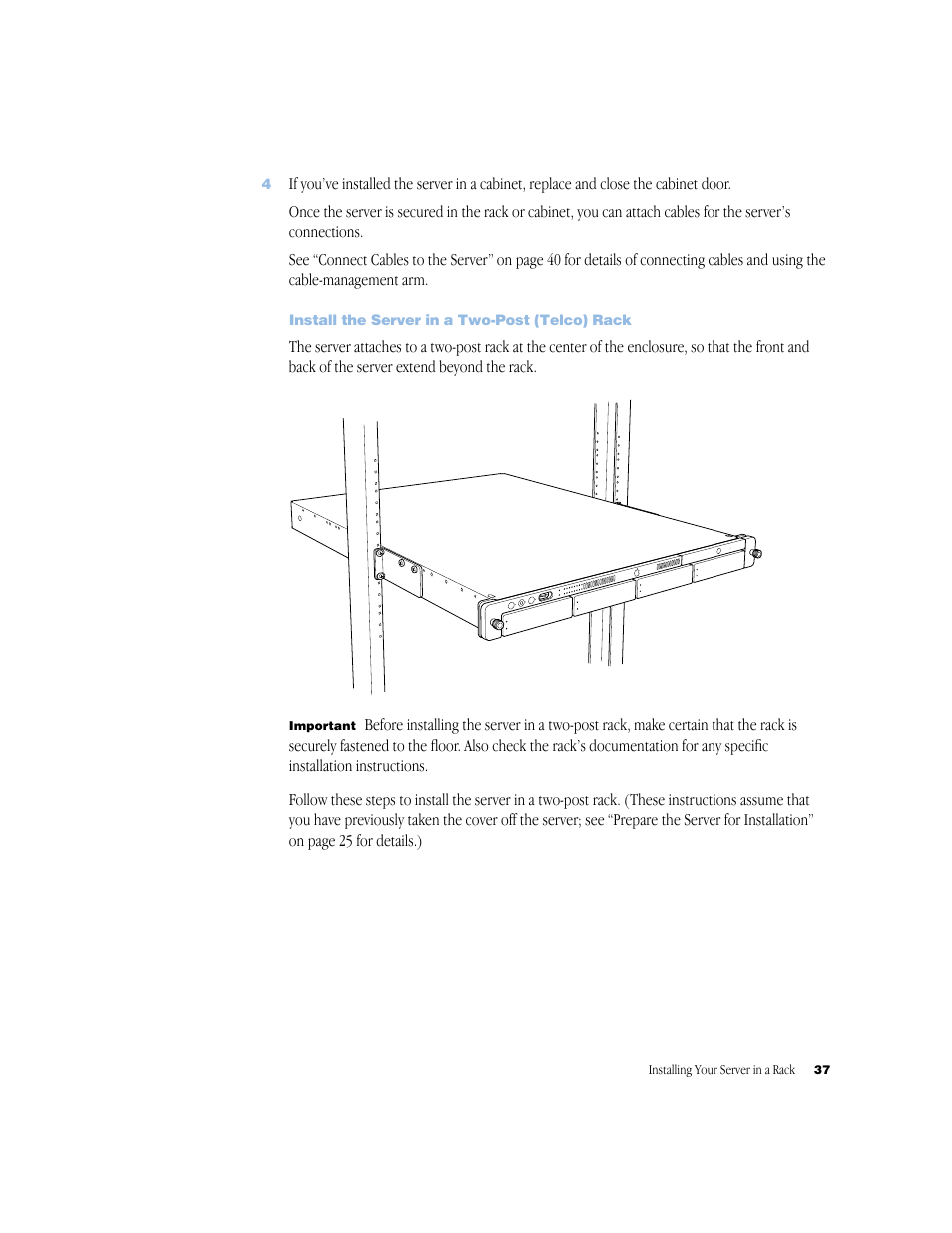 Install the server in a two-post (telco) rack | Apple Xserve (Original) User Manual | Page 37 / 78