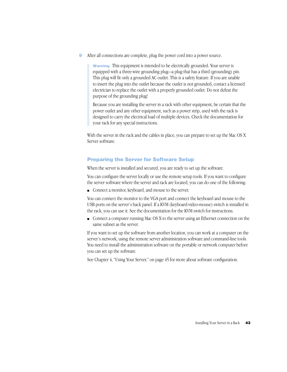 Preparing the server for software setup | Apple Xserve (Original) User Manual | Page 43 / 78