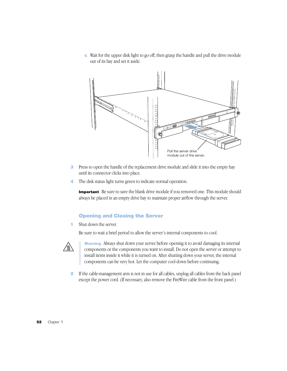 Opening and closing the server | Apple Xserve (Original) User Manual | Page 52 / 78