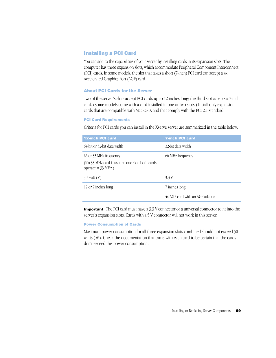 Installing a pci card, About pci cards for the server | Apple Xserve (Original) User Manual | Page 59 / 78