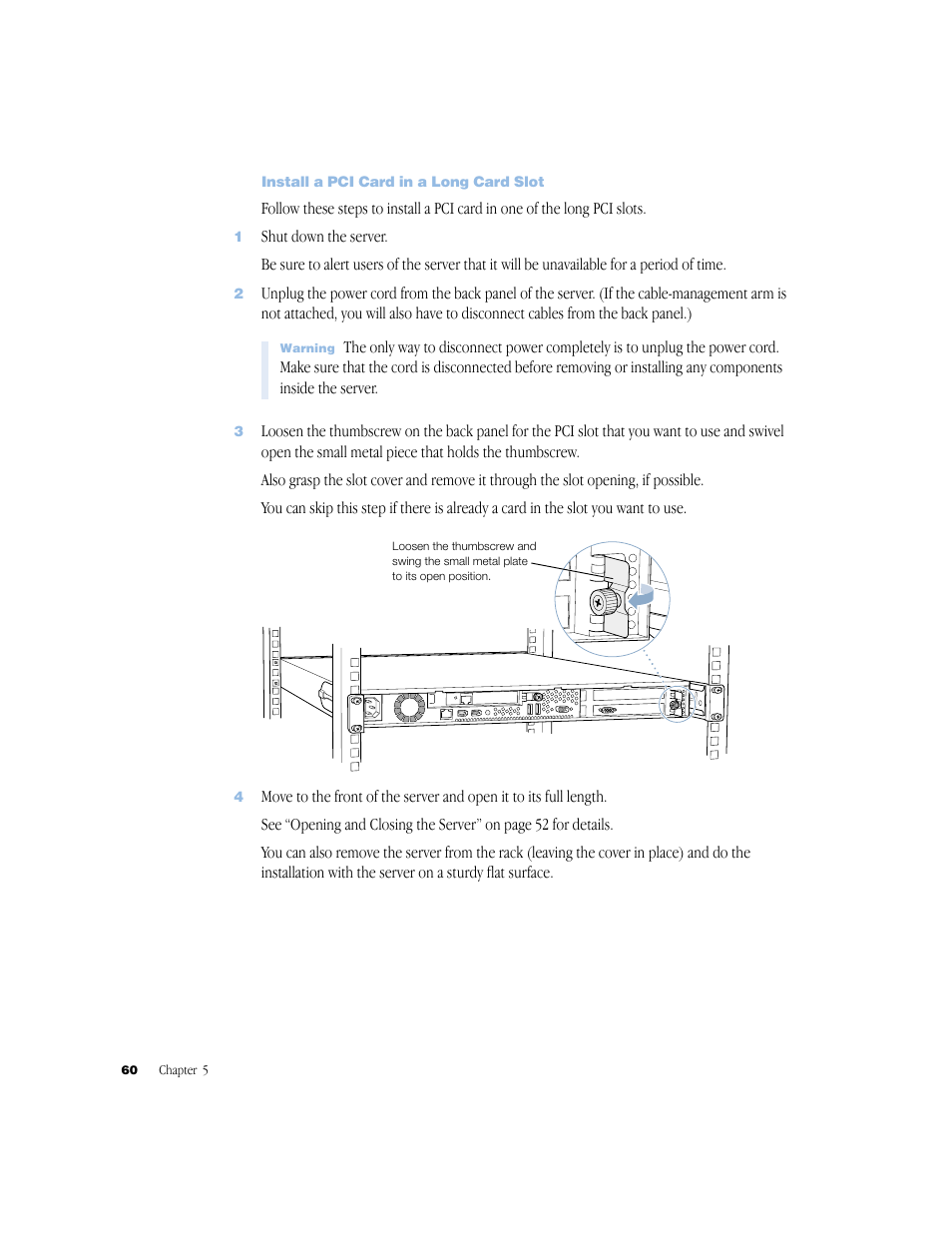 Install a pci card in a long card slot | Apple Xserve (Original) User Manual | Page 60 / 78