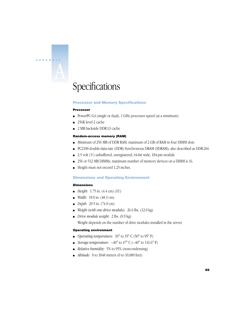 Specifications, Processor and memory specifications, Dimensions and operating environment | Apple Xserve (Original) User Manual | Page 69 / 78