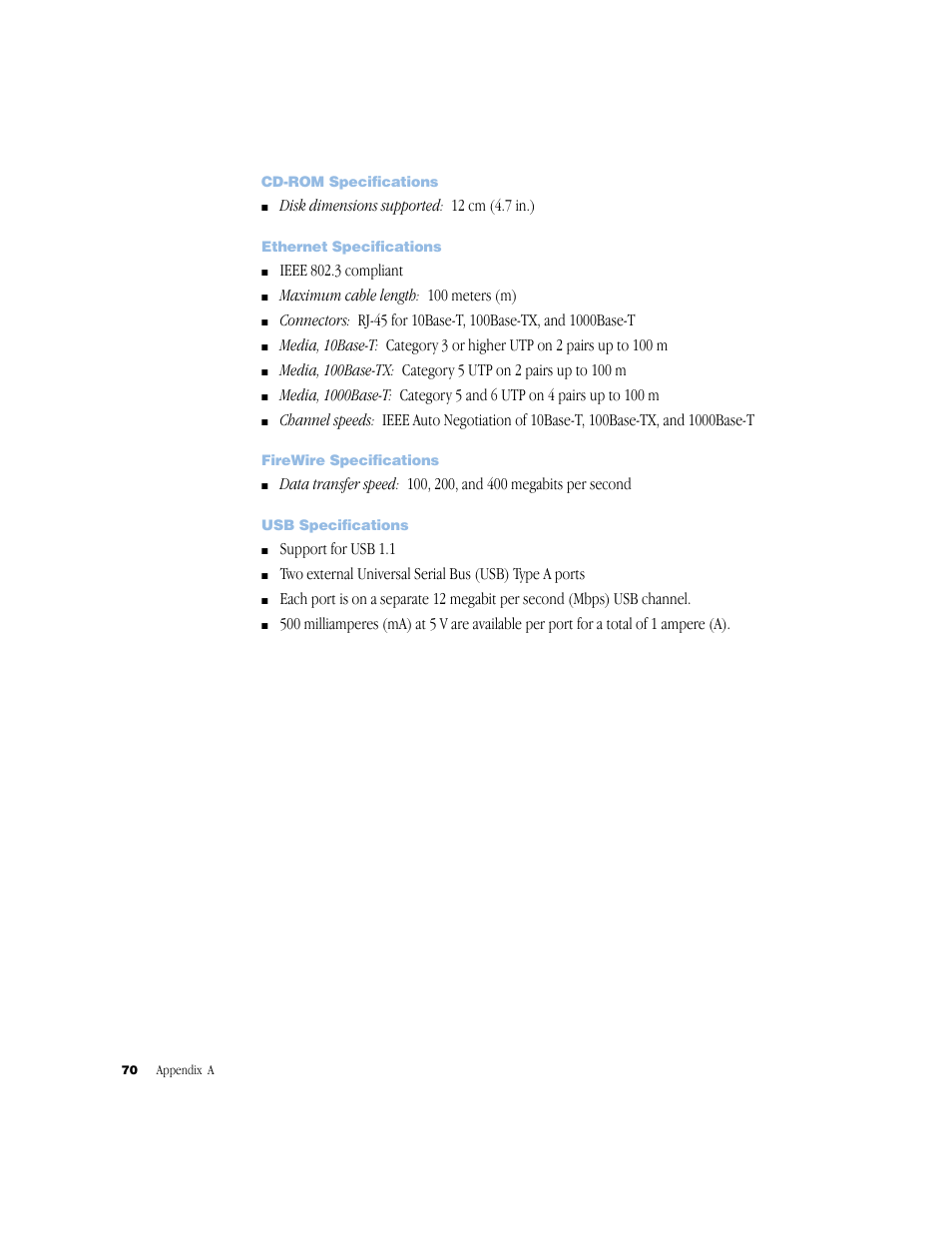 Cd-rom specifications, Ethernet specifications, Firewire specifications | Usb specifications | Apple Xserve (Original) User Manual | Page 70 / 78