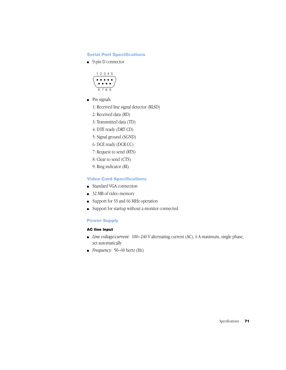 Serial port specifications, Video card specifications, Power supply | Apple Xserve (Original) User Manual | Page 71 / 78