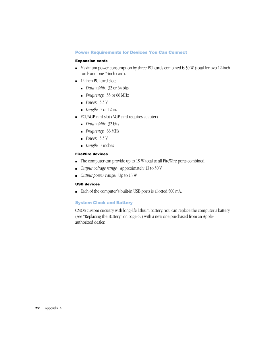 Power requirements for devices you can connect, System clock and battery | Apple Xserve (Original) User Manual | Page 72 / 78