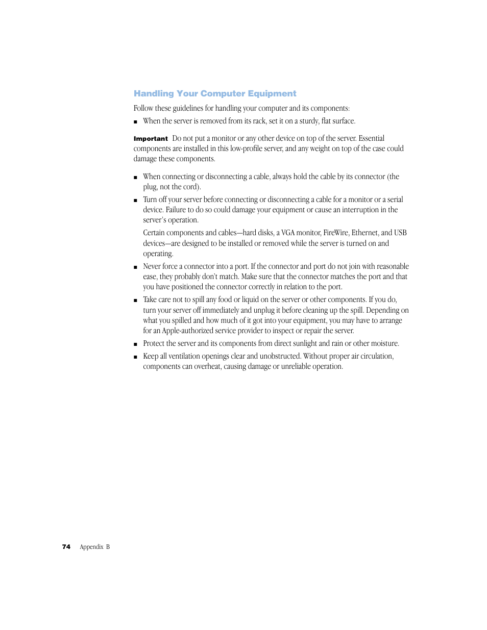 Handling your computer equipment | Apple Xserve (Original) User Manual | Page 74 / 78