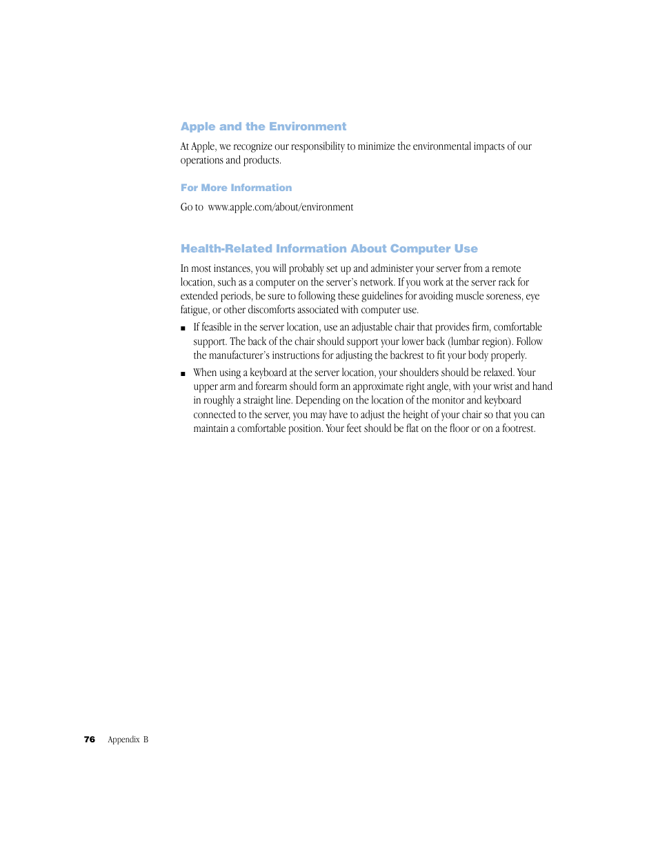 Apple and the environment, For more information, Health-related information about computer use | Apple and the environment 76, For more information 76, Health-related information about computer use 76 | Apple Xserve (Original) User Manual | Page 76 / 78