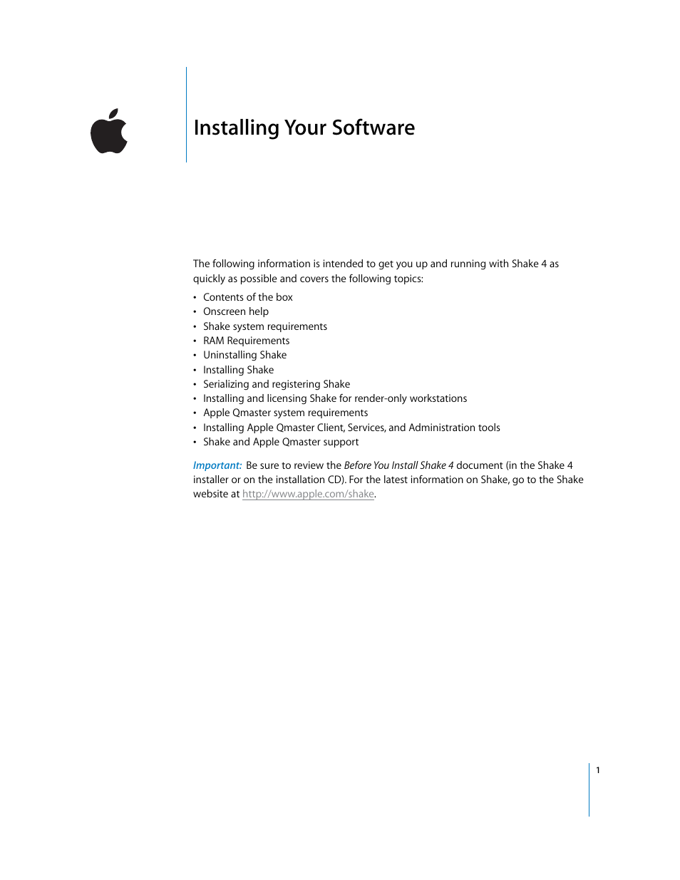 Apple Installing Your Shake 4 Software User Manual | 12 pages