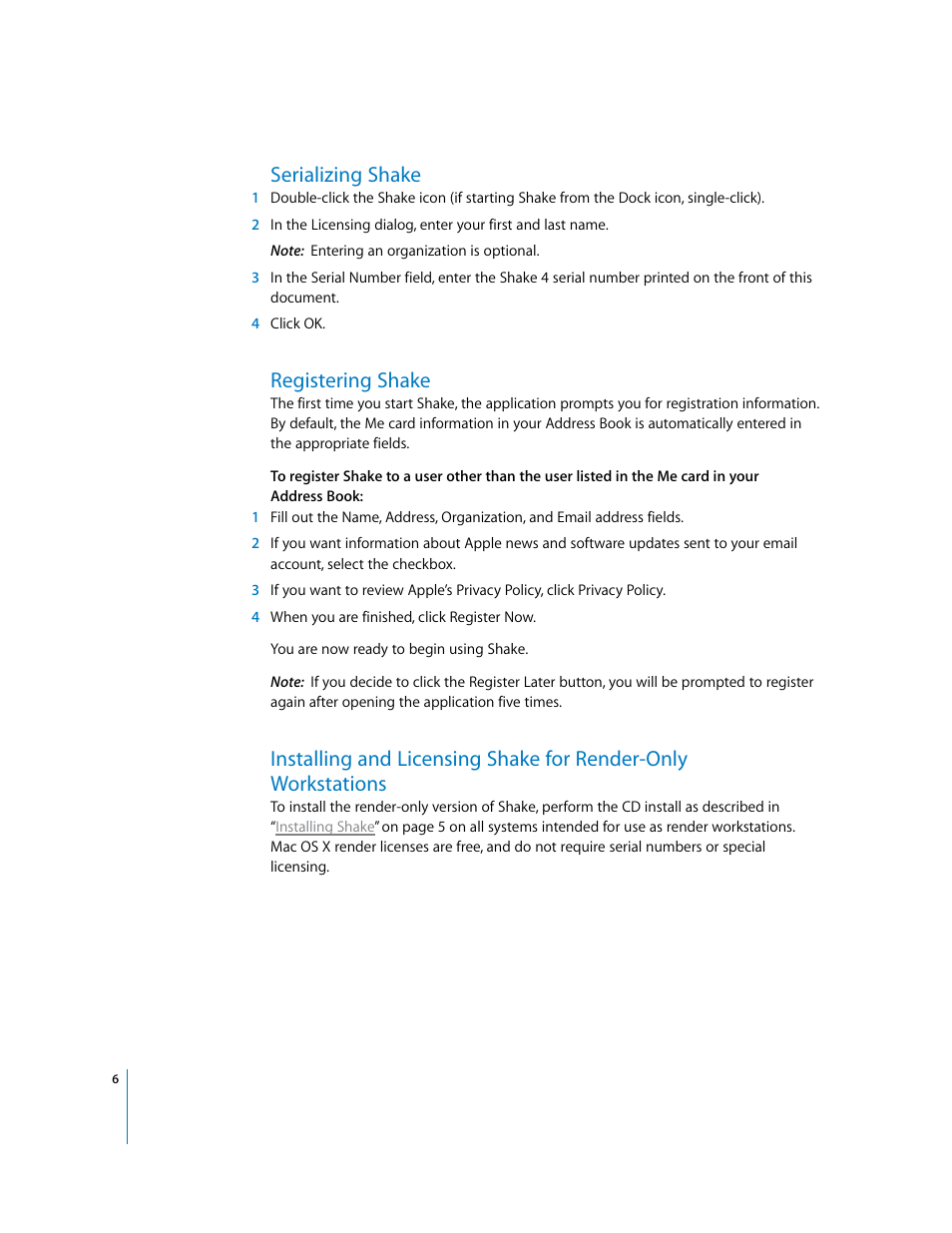 Serializing shake, Registering shake | Apple Installing Your Shake 4 Software User Manual | Page 6 / 12